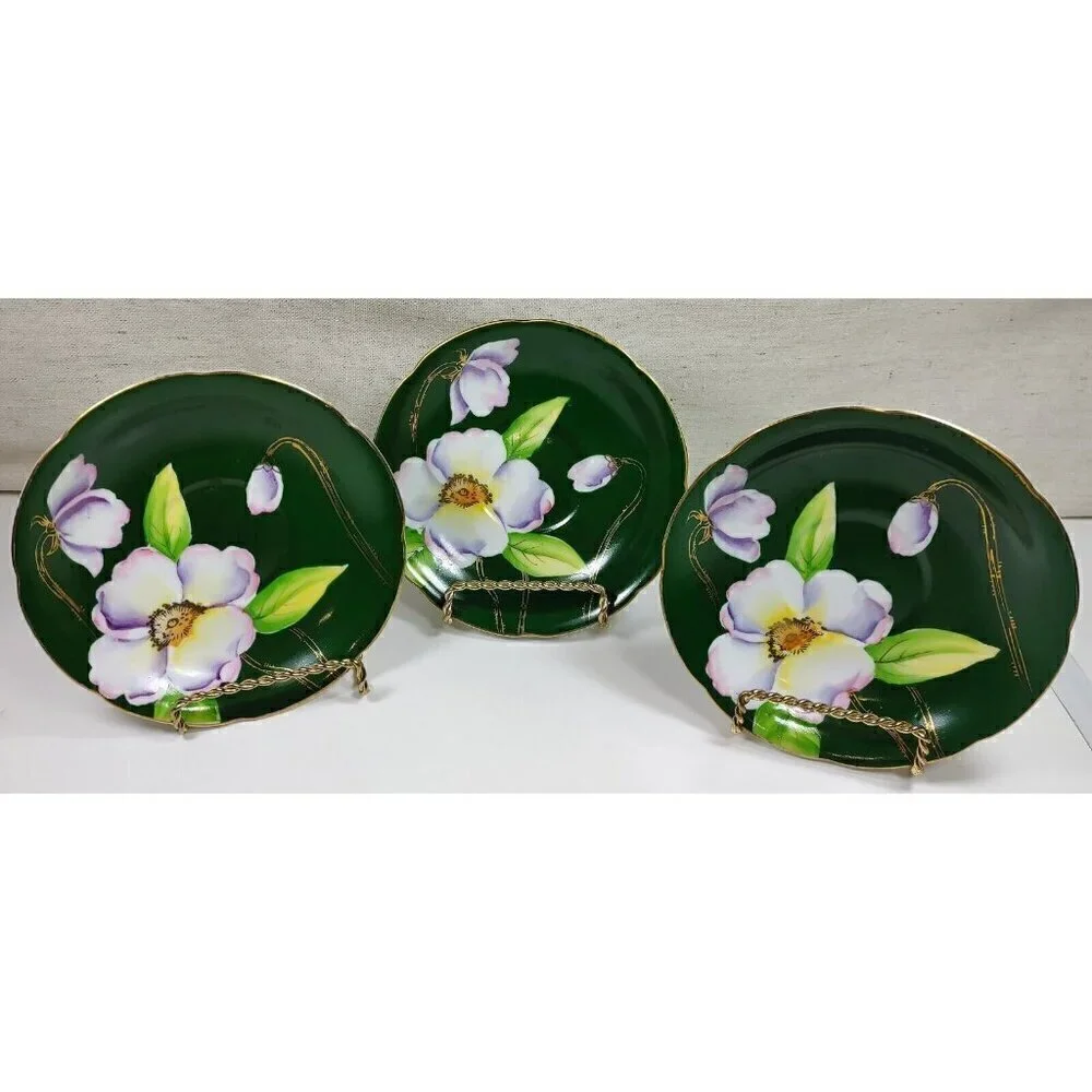 Silver China Occupied Japan Green Hand Painted Flowers Gold Trim Saucer Set Of 3